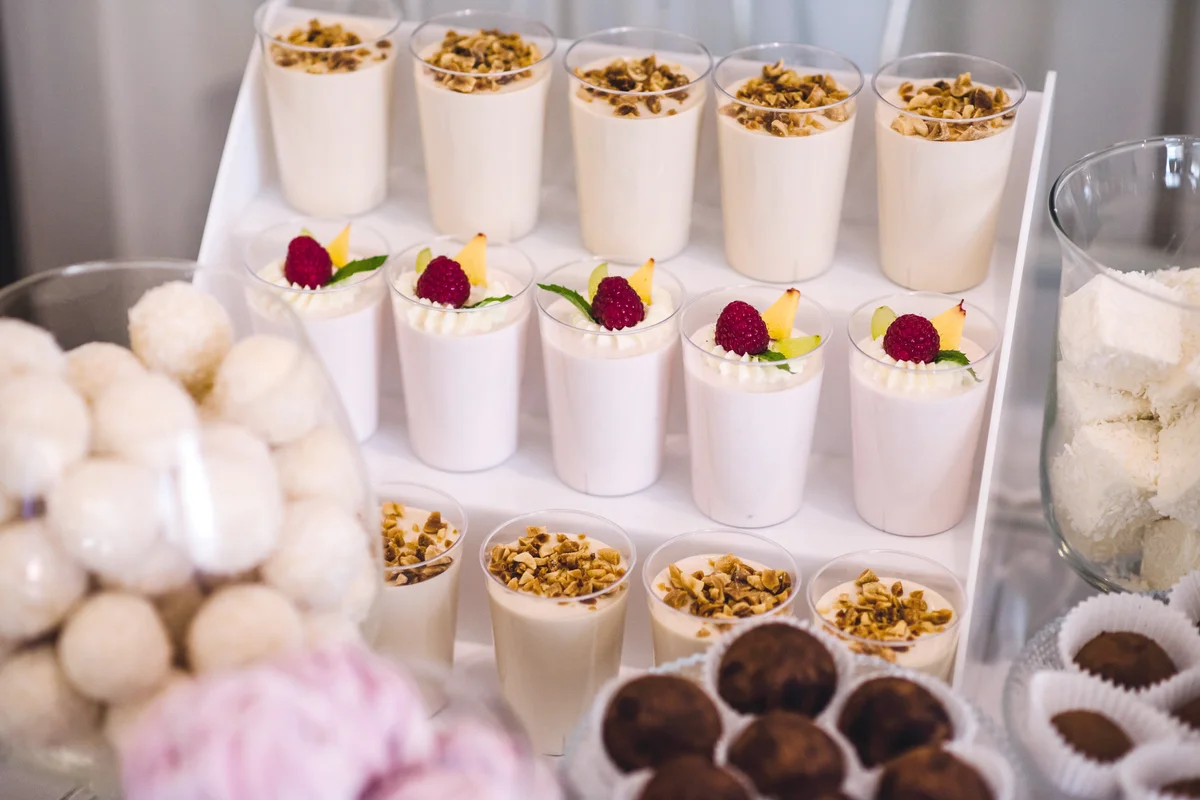 Delicious wedding reception with parfait cups