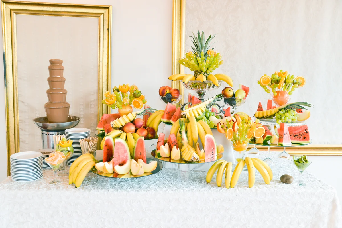 Wedding reception with fruit and chocolate fountain