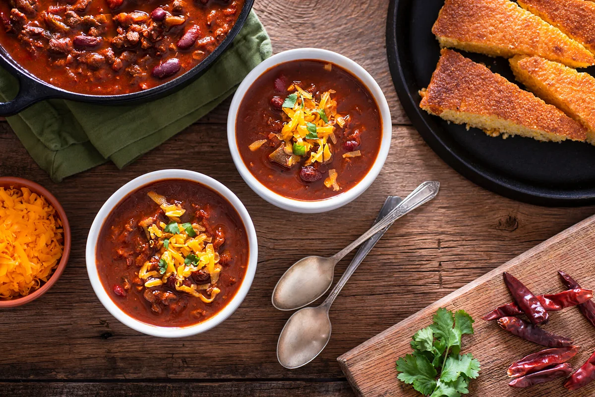 Bowls of Homemade Chili with Corn Bread