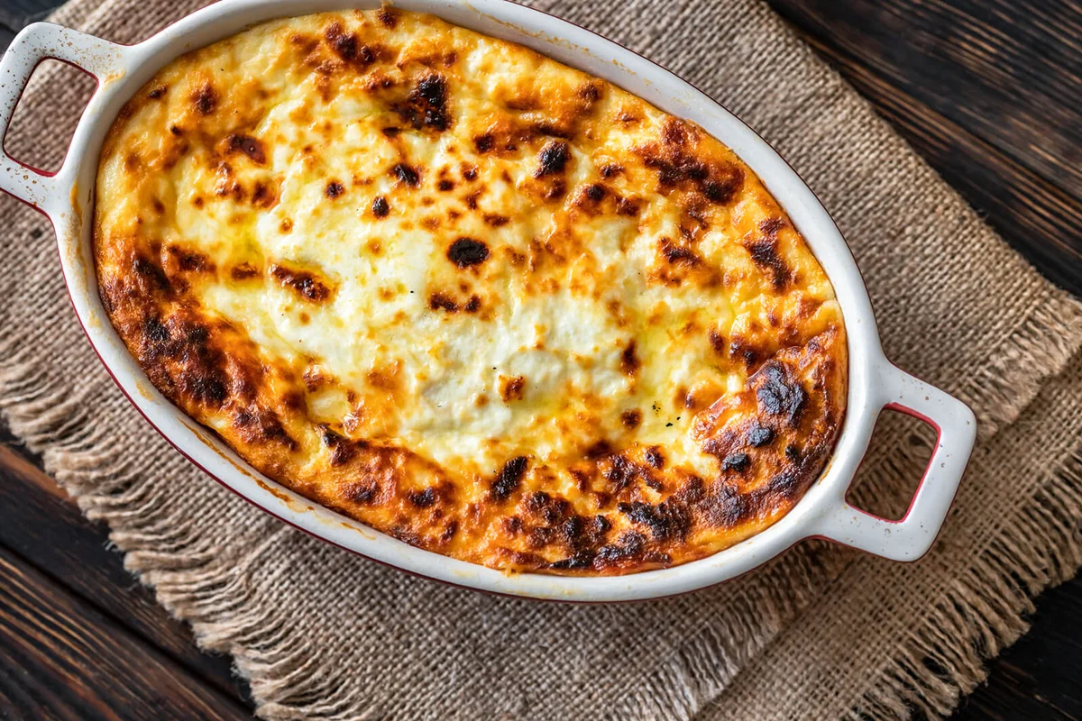 Spicy Baked Ricotta in baking dish flat lay