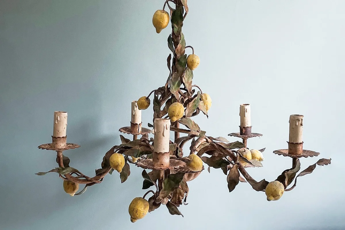Un-restored French Lemon Toleware Chandelier lamp Circa 1940-1950s