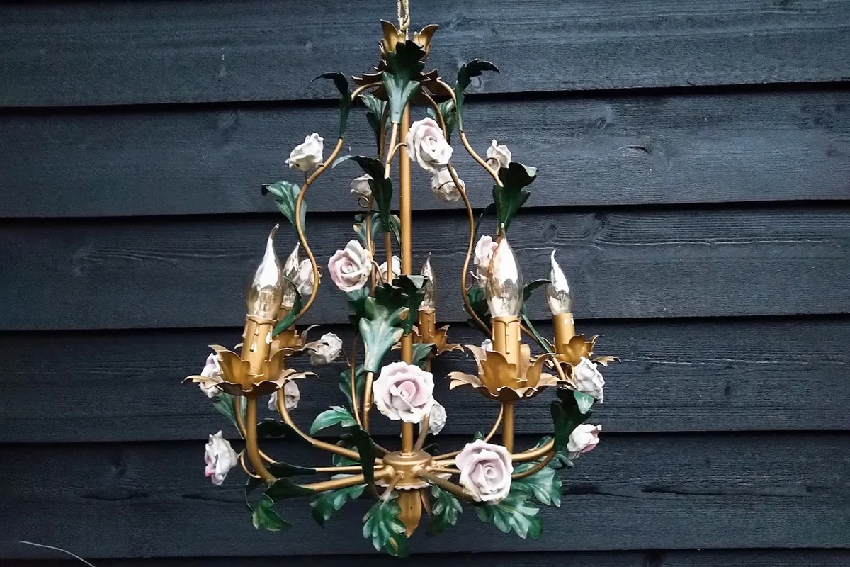 Italian gold tole chandelier with pink porcelain roses and green leaves