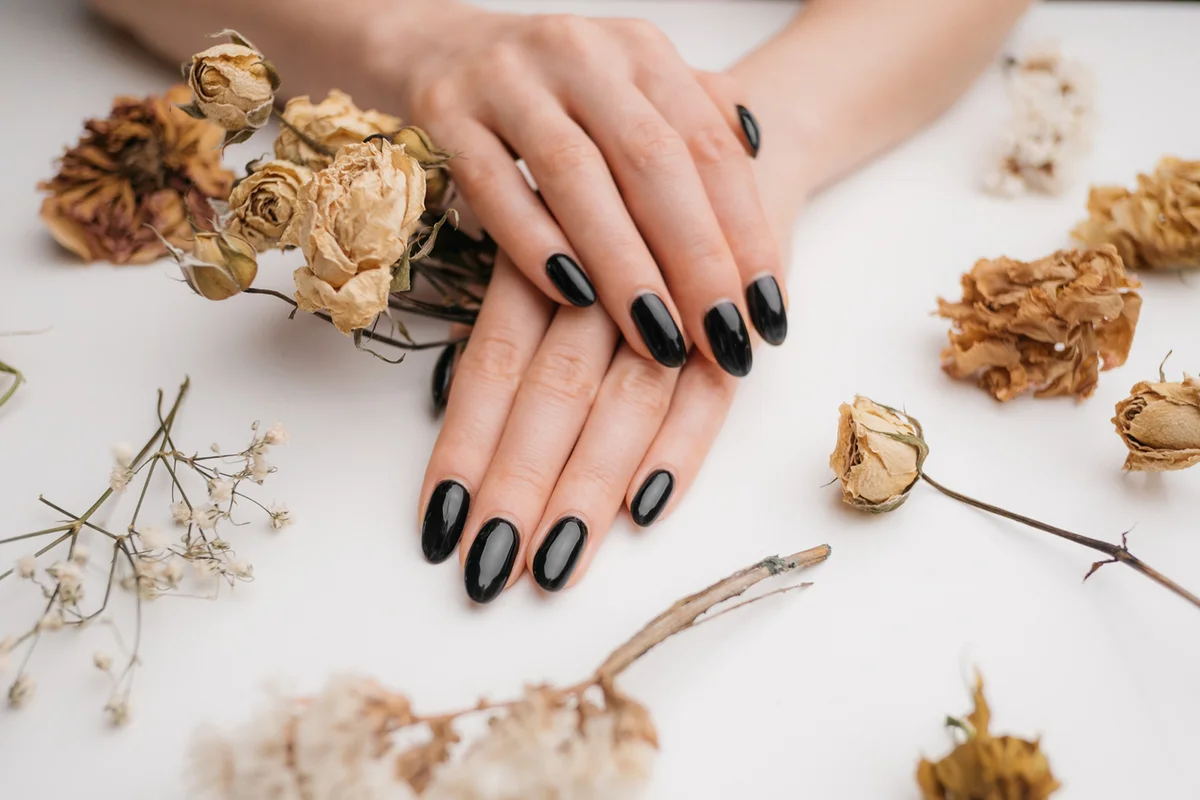 Woman hands with black manicure holding bouquet of dry roses