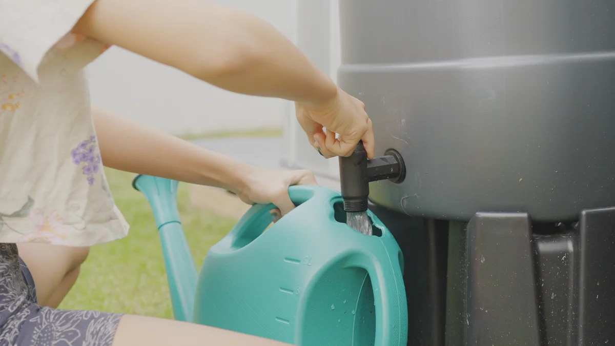 filling a watering can from a rain barrel