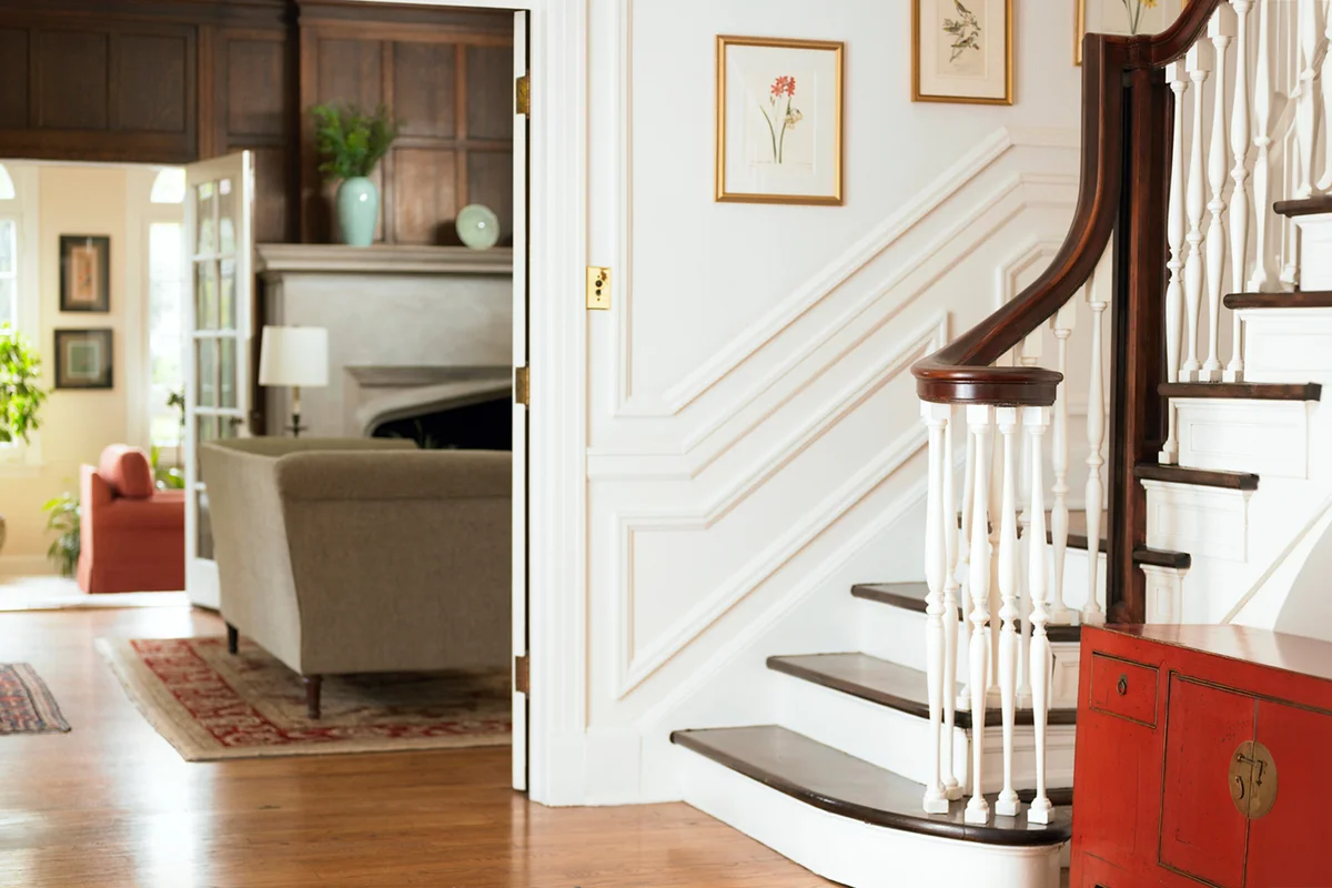Entryway of home with view of living room