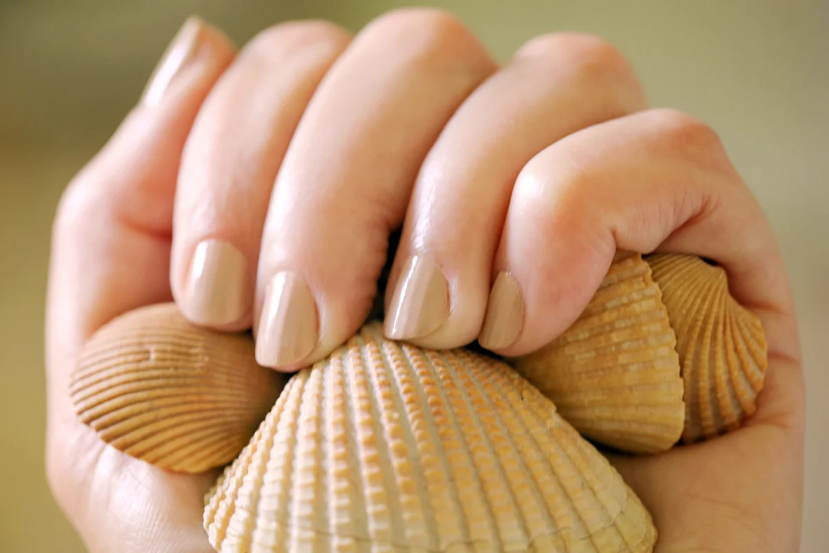 Holding seashells, matching nail polish.