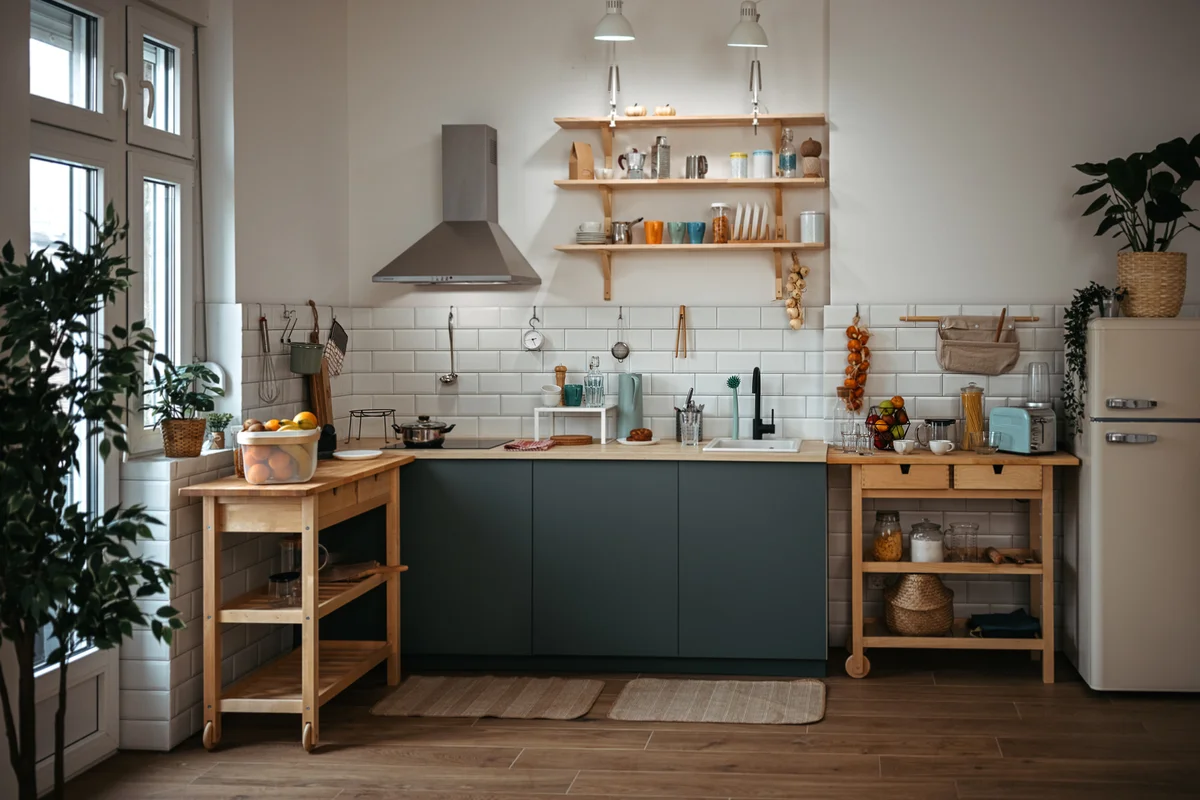 Kitchen featuring two wooden kitchen island carts and wood countertops