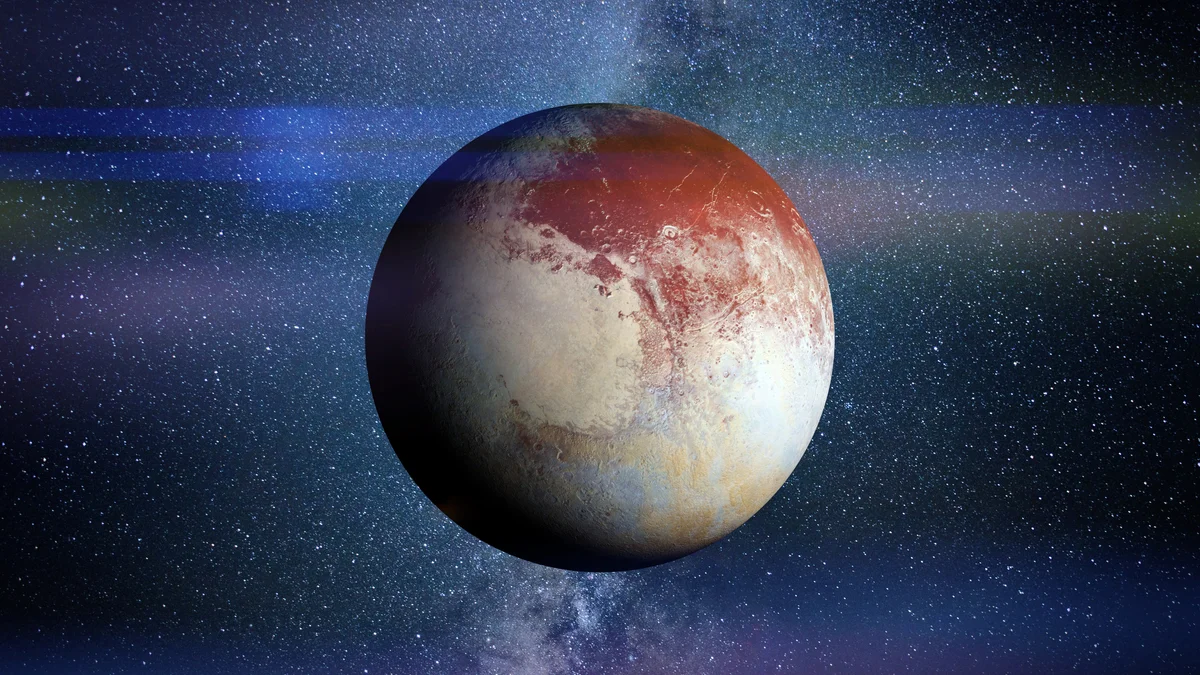 Pluto planet lit up by starry sky