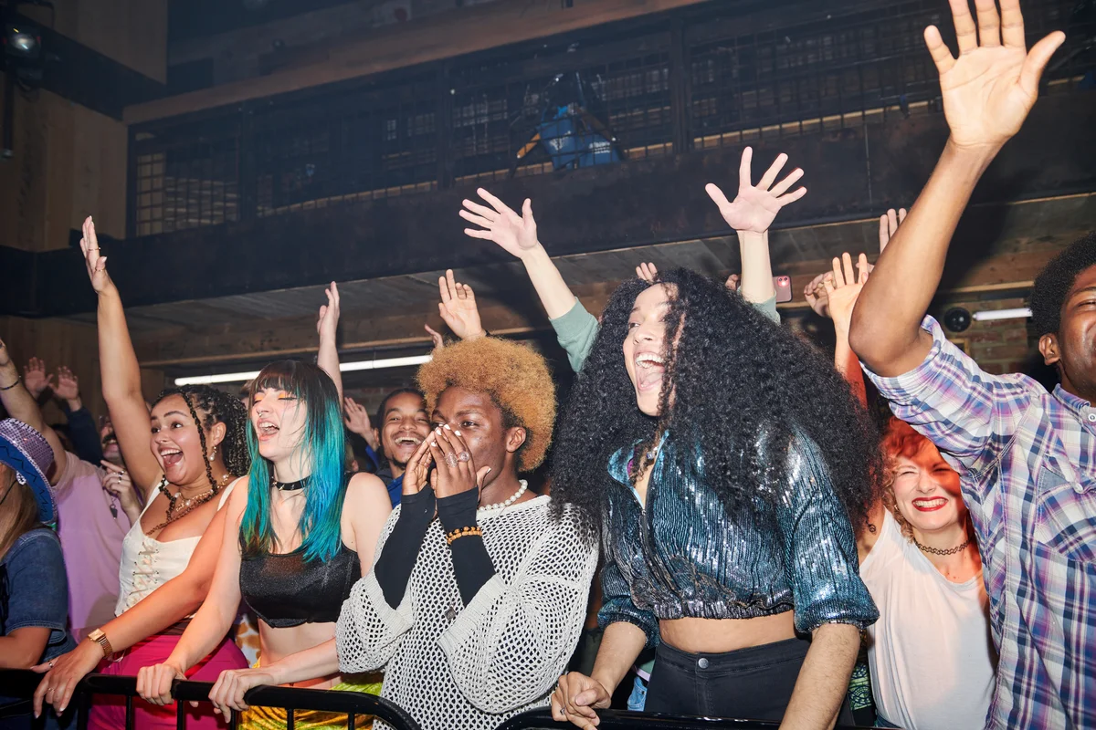 Group of people with hands in the air at a music venue