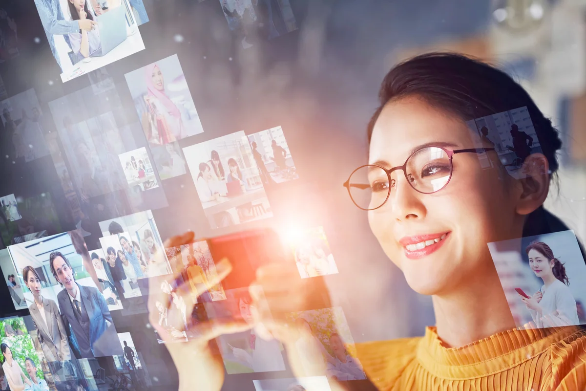 Woman looking at pictures in her mobile