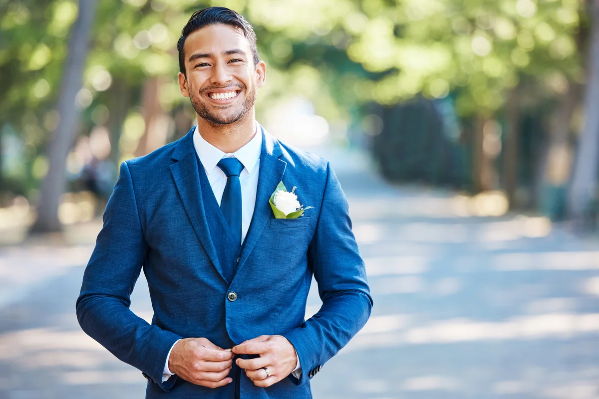 Groom wearing a blue suit