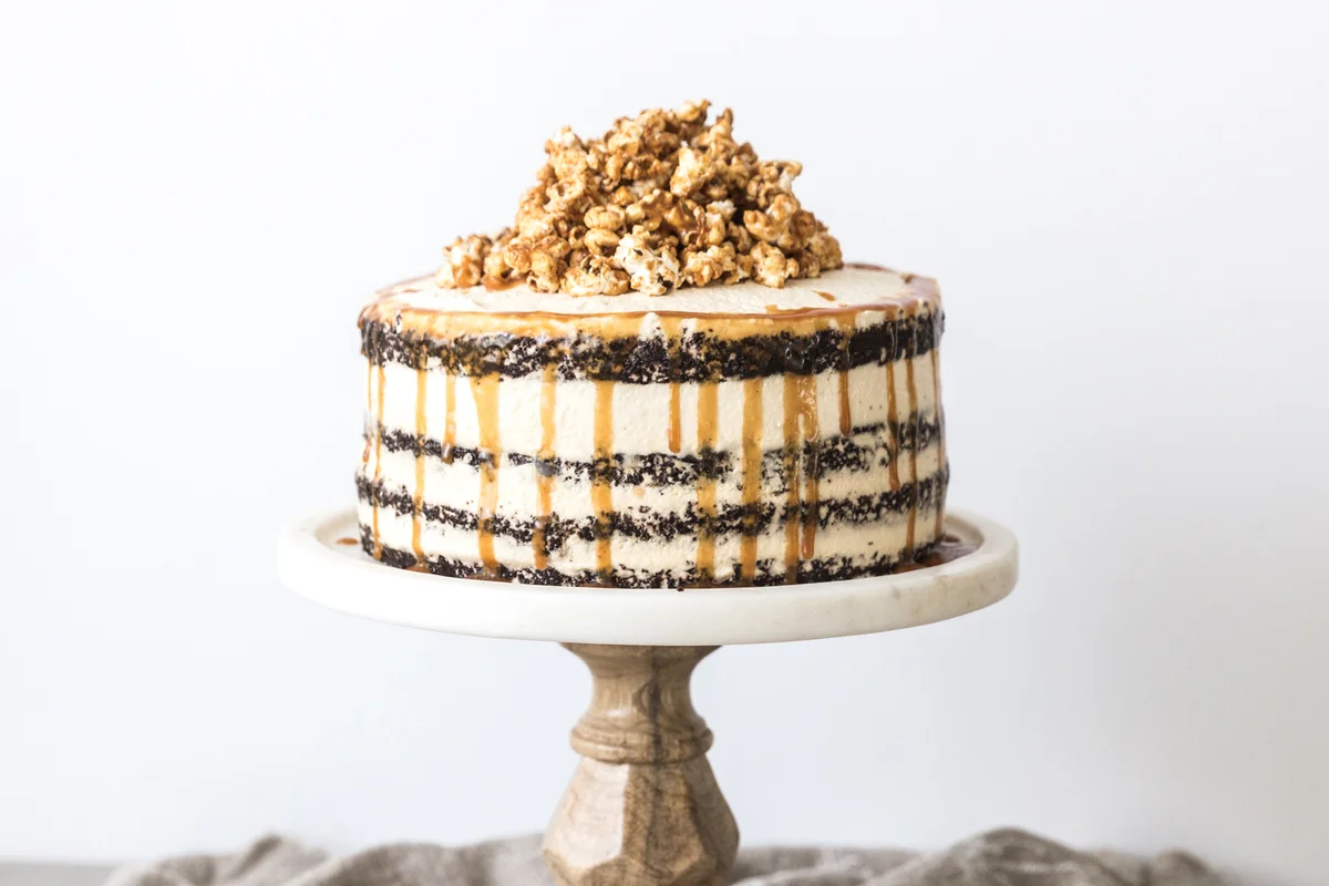Chocolate layered sponge cake with caramel buttercream