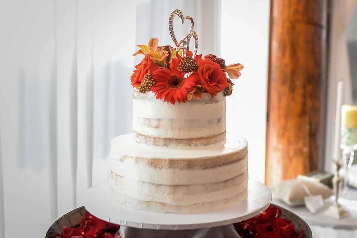 wedding cake at ceremony.