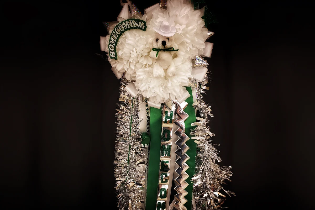 A beautifully made homecoming mum, a Texas high-school tradition