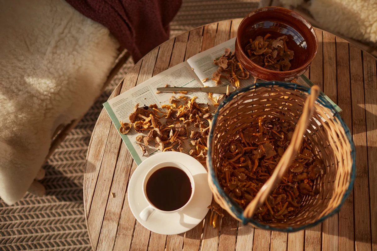 Coffee cup and freshly picked mushrooms on table