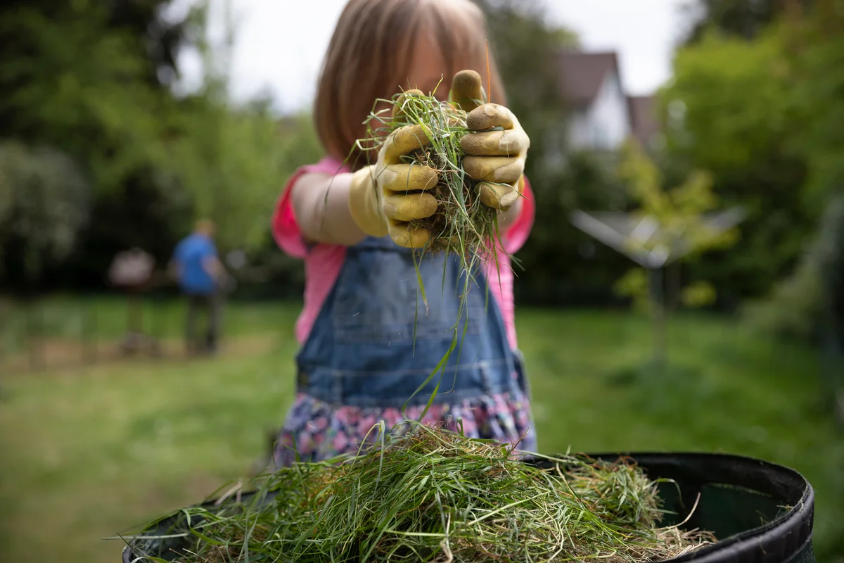 little girl putting grass clippings in a bin