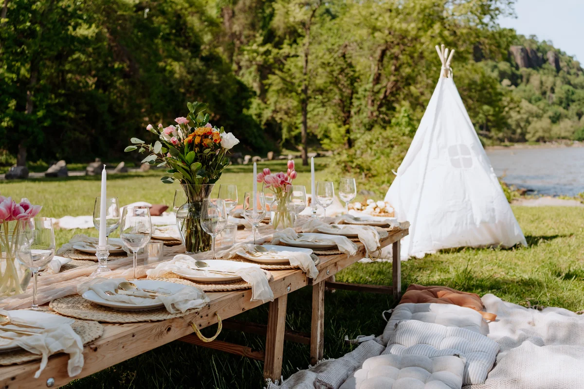 Modern picnic table with pillows for seating
