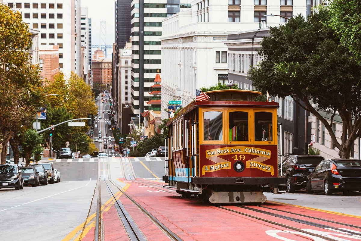 Street in San Francisco with historic cable car