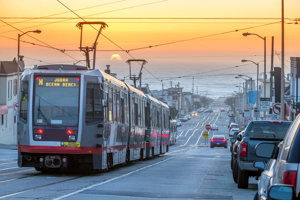 San Francisco lightrail drive to the sea under Sunset