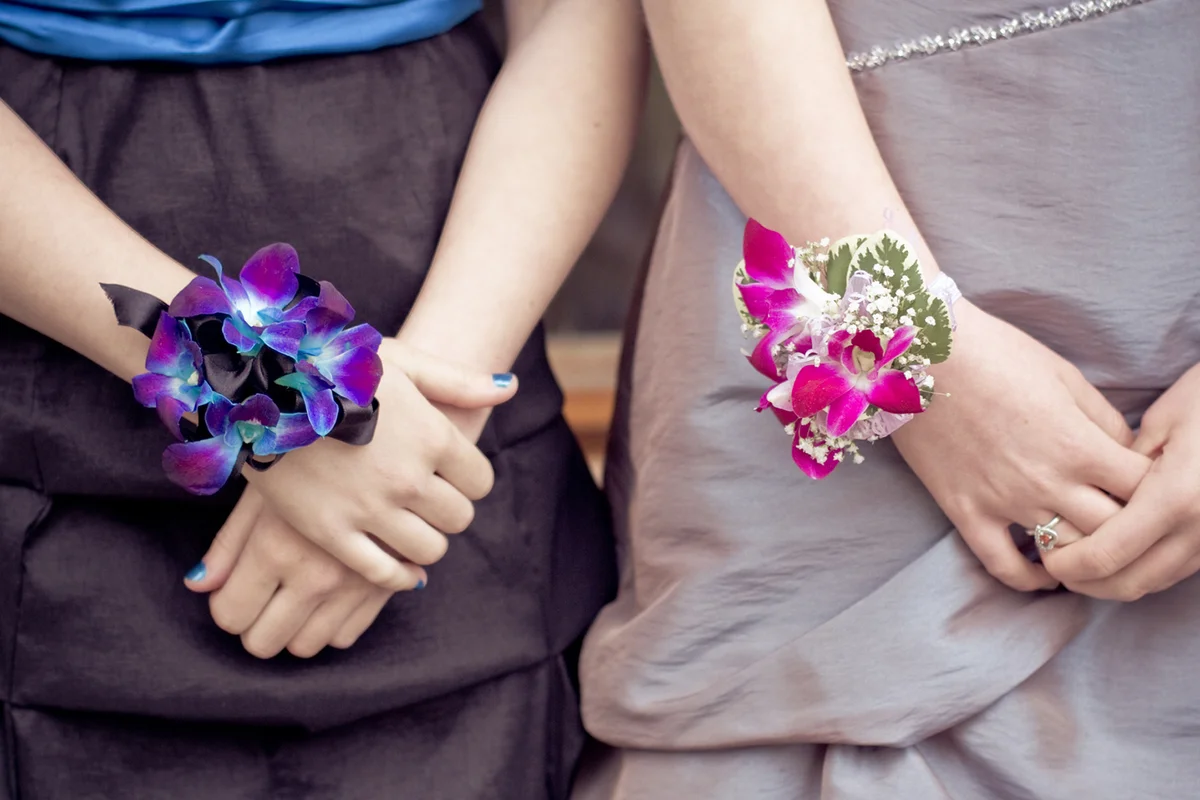 Girls stand side by side holding their hands in front of their prom dresses