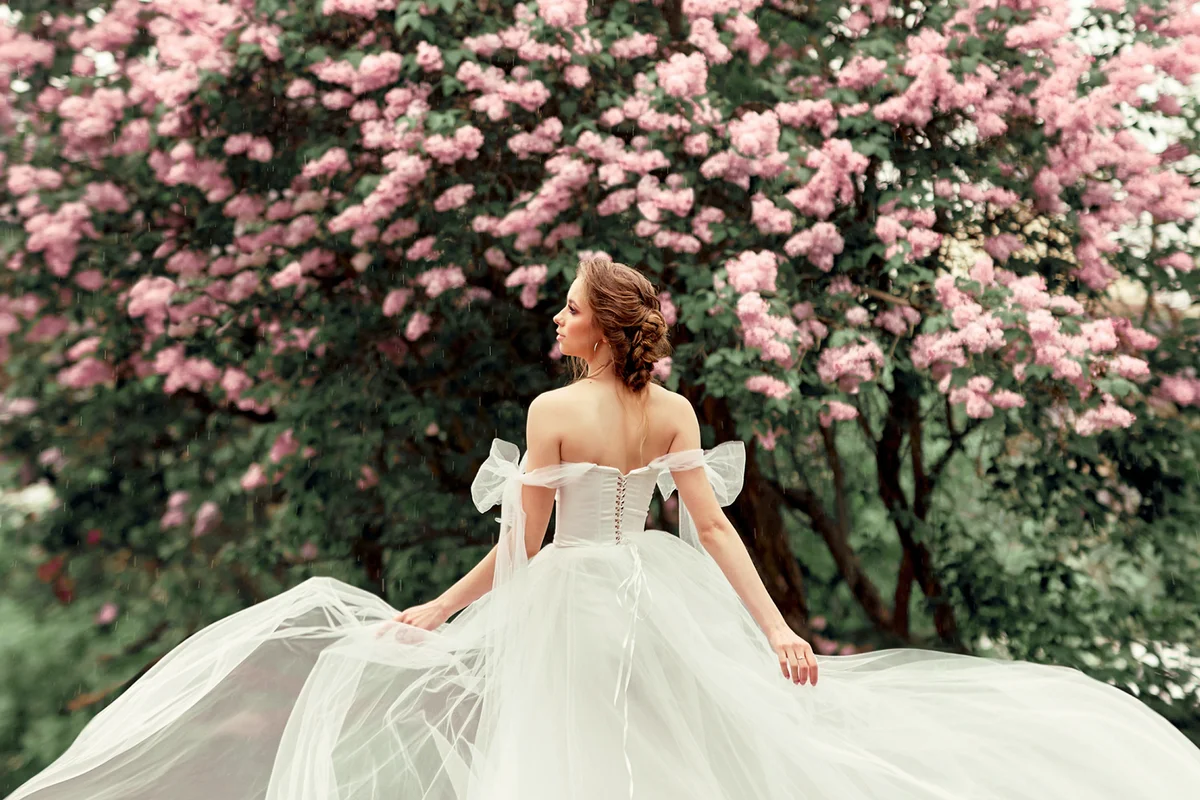 Rear view of bride standing against cherry blossom tree
