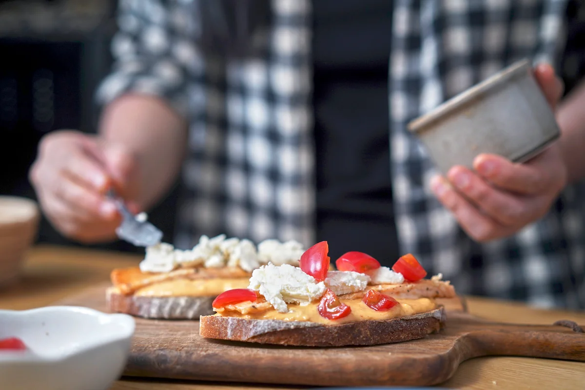 Breakfast toast, topped with peanut butter, cheese and salmon