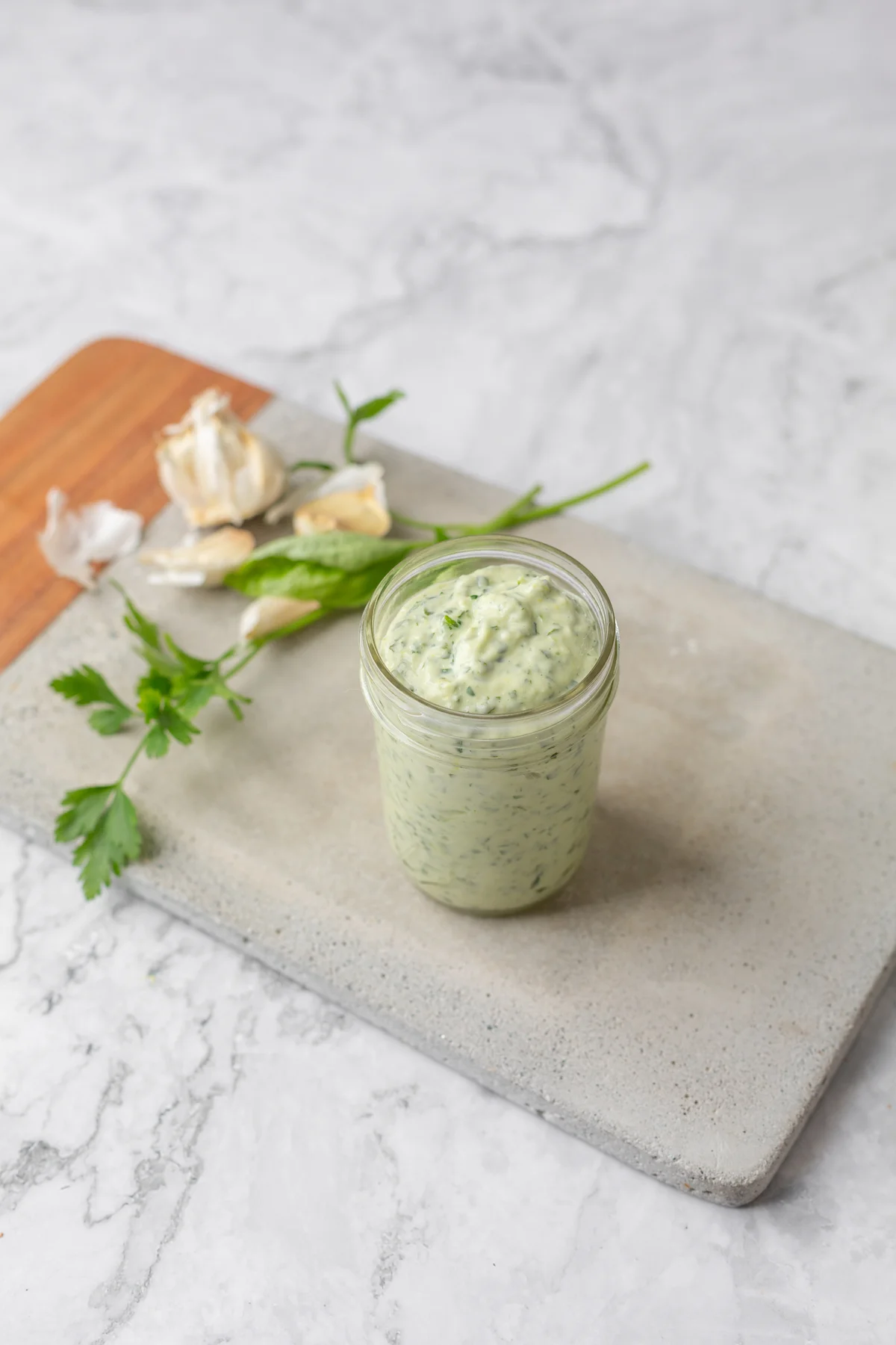 Home made jar of avocado ranch dressing