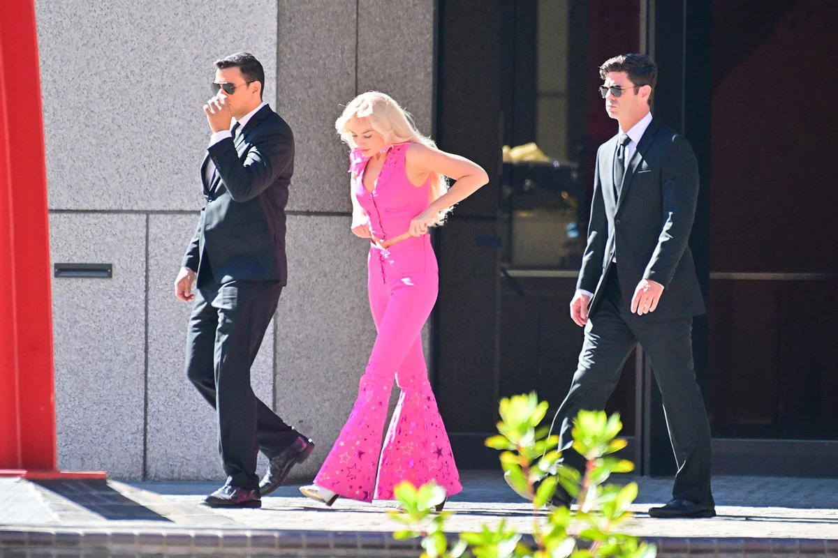 Margot Robbie is seen in costume on set of Barbie