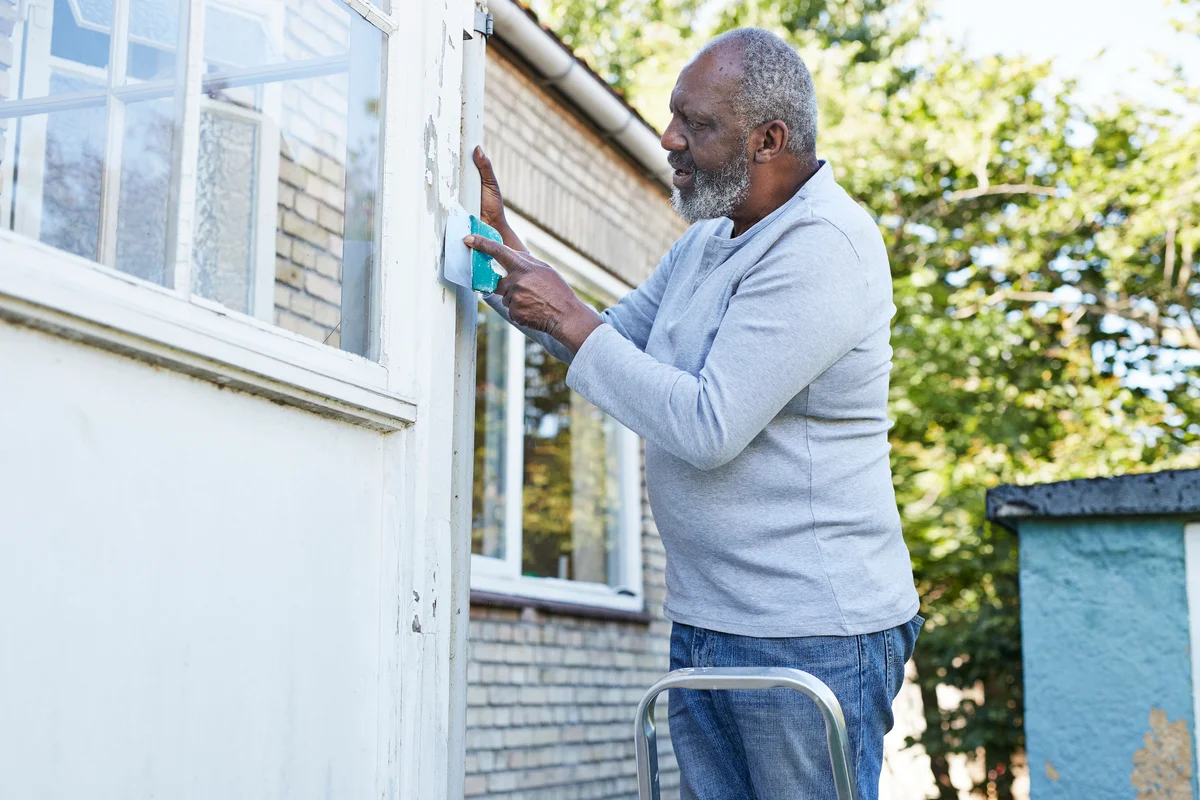 Senior man working on his house