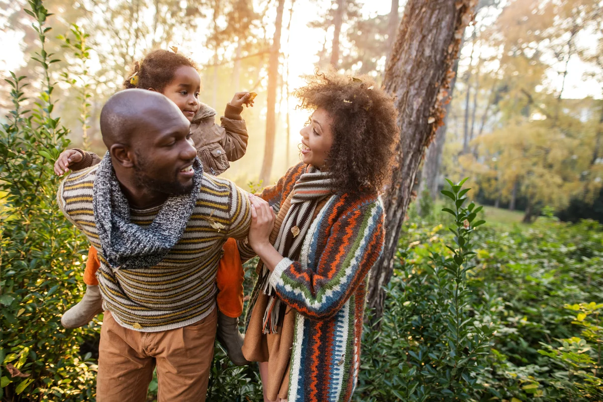 Family in the woods wearing layers of clothing