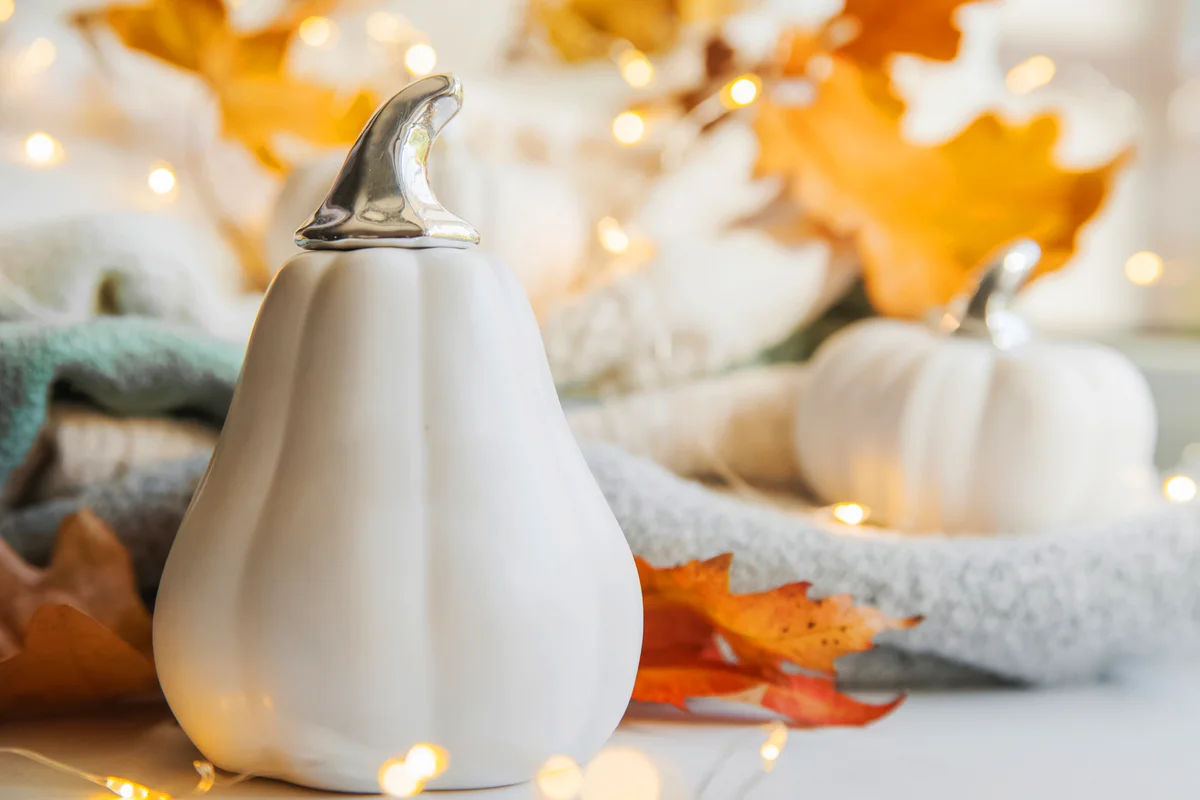 White decor pumpkin and garland lights