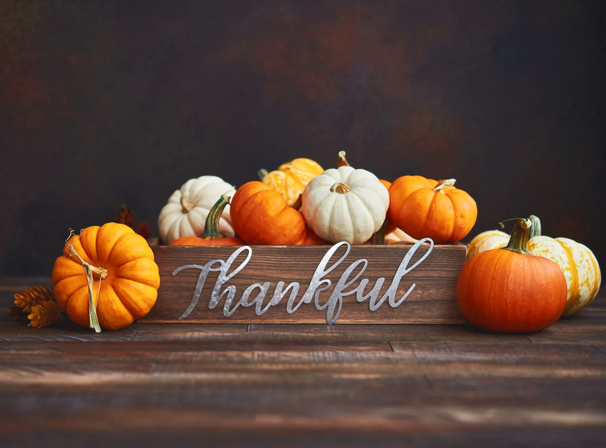 Wooden Rustic Crate Filled with a Variety of Pumpkins and THANKFUL message for Fall and Thanksgiving