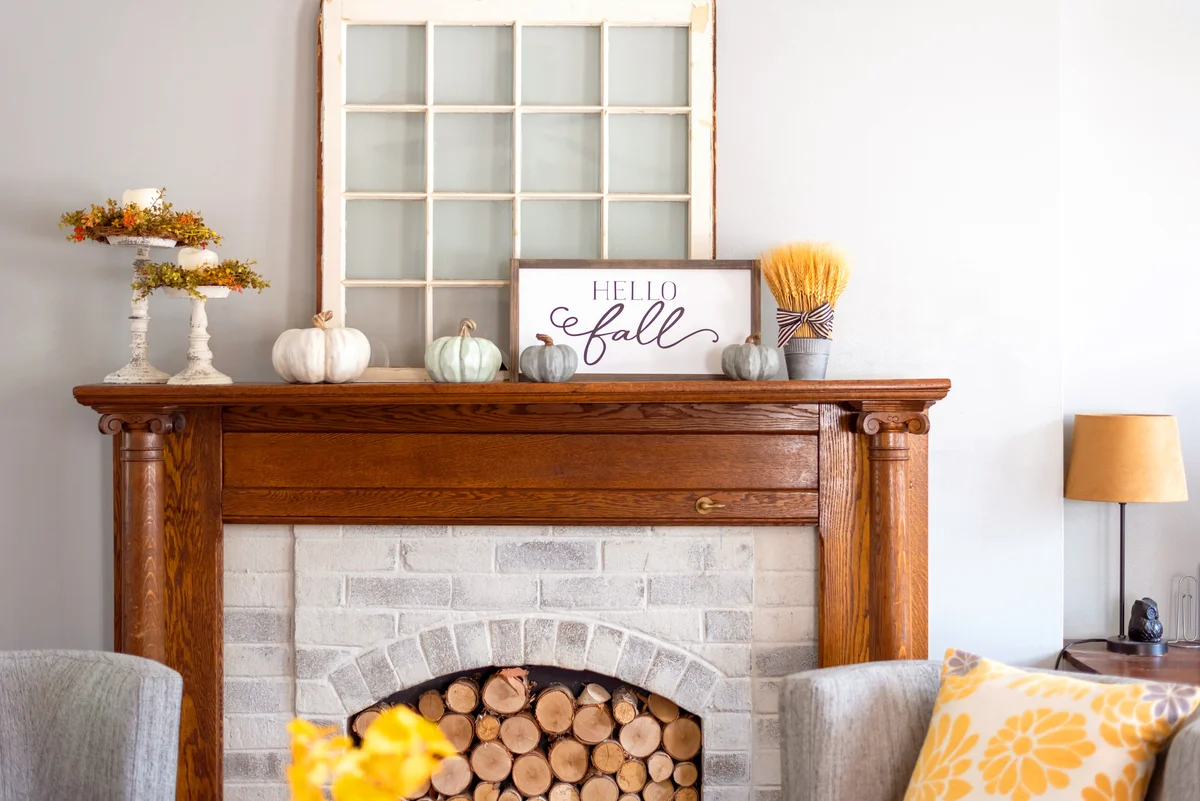 Fall decorations on the mantel at home