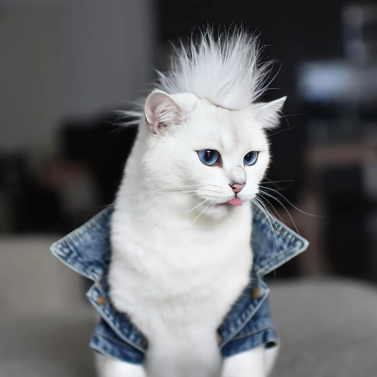 White cat wearing denim jacket with white mowhawk