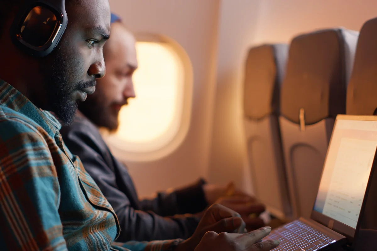 Passengers traveling with commercial airline during sunset
