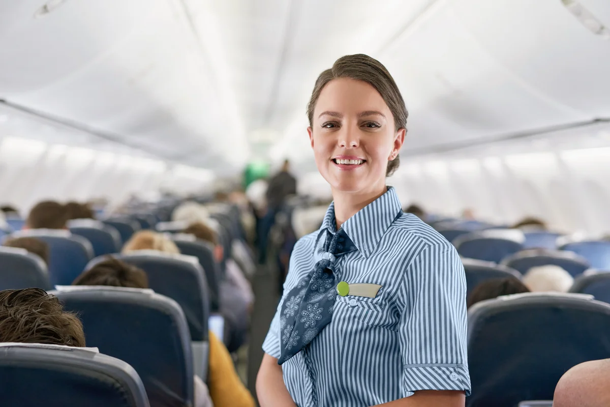 Young air hostess working on an airplane