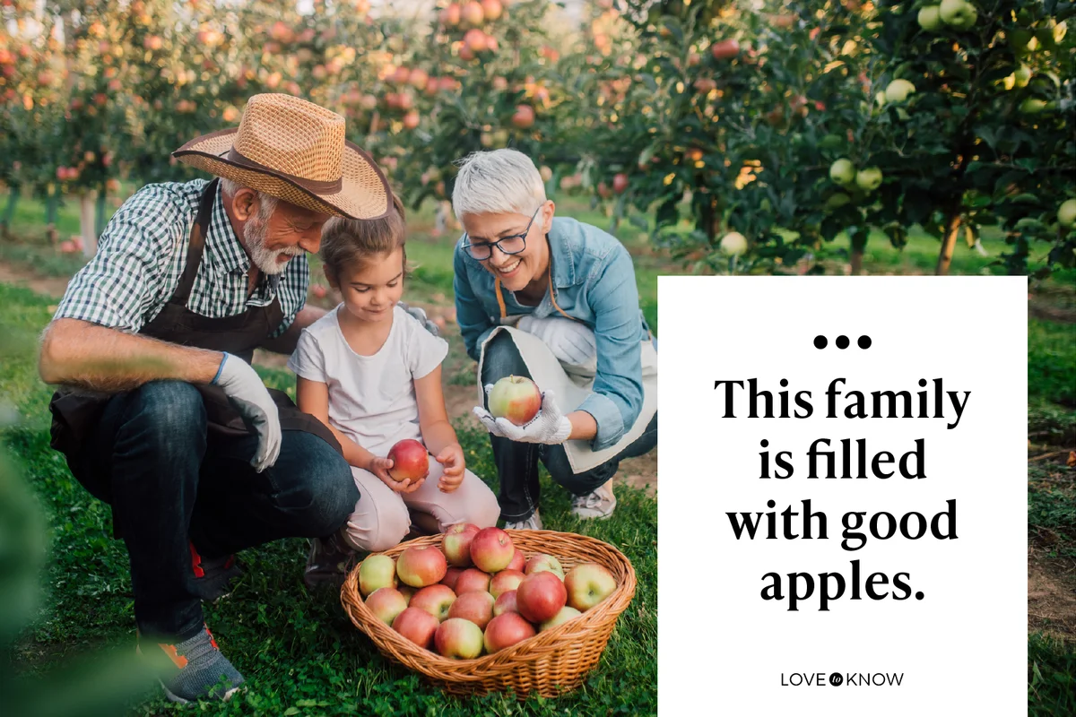 Senior couple and their grandchild picking up apples in the garden