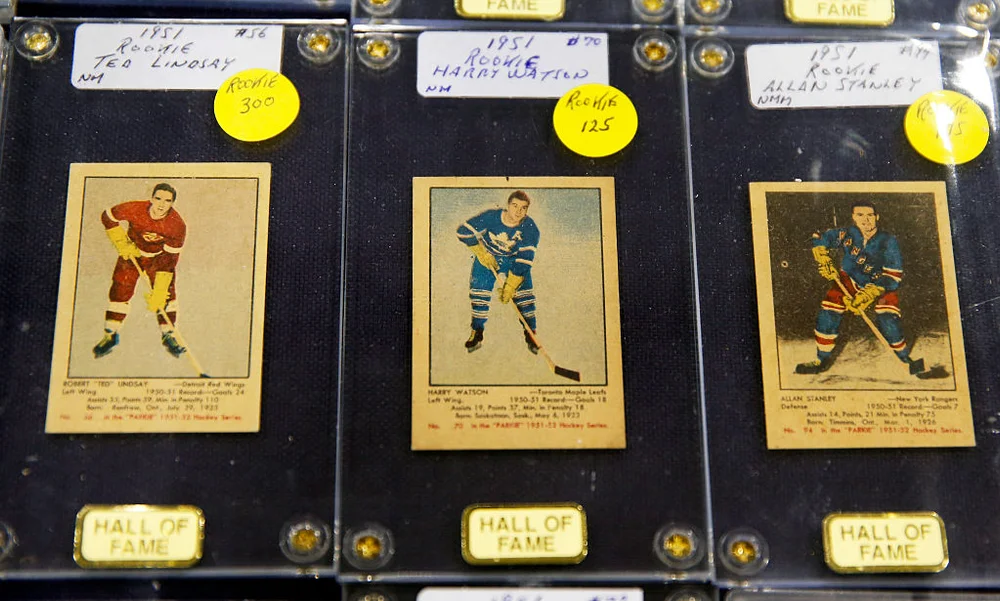 TORONTO, ON - MAY 3: Some old hockey cards at Platinum Promotions. Feature on trading cards,the decline in the last few years and a search for the soul of card collection.The Sportcard and Memorabilia Expo is on at Toronto International Centre with thousands of people going through to get autographs or buy and sell cards and look at the memorabilia at the show.