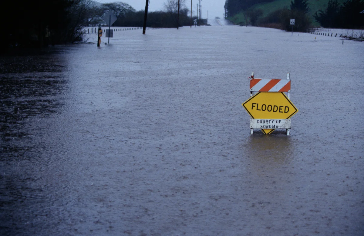flooded road in Sonoma County, CA