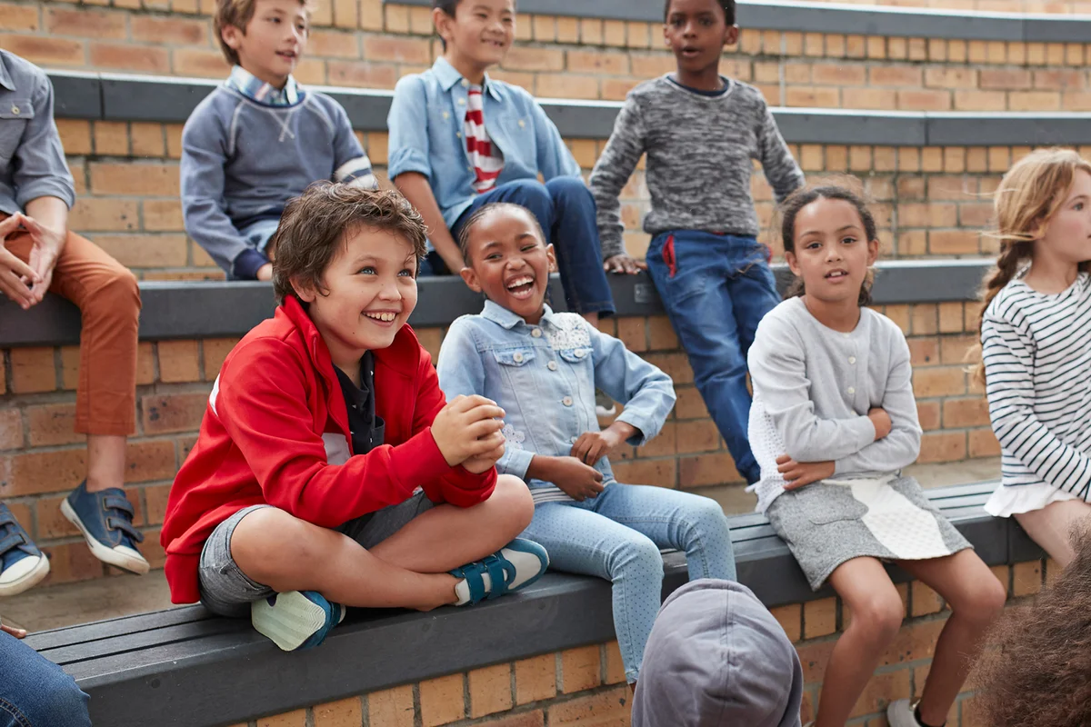 Children at modern school facility