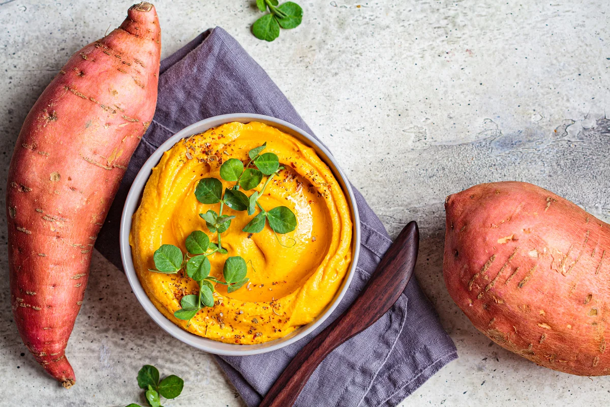 Sweet potato hummus gray bowl