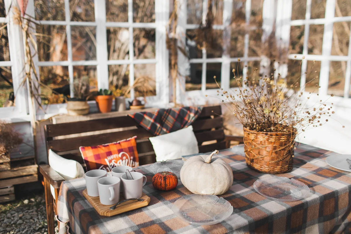 Fall table set with plaid tablecloth