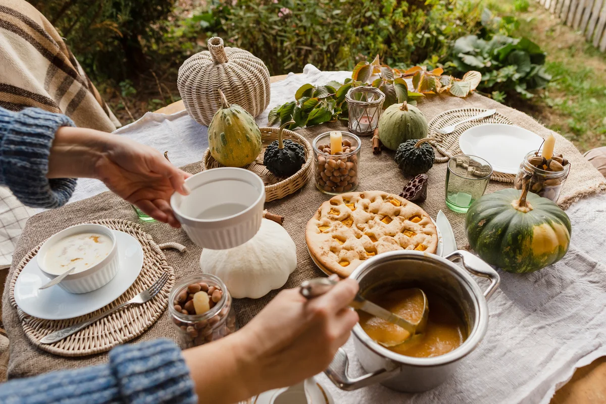 Layered linens on fall tablescape