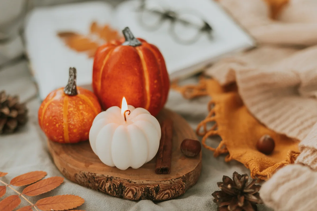 A slab of wood used as a riser for fall decor on table