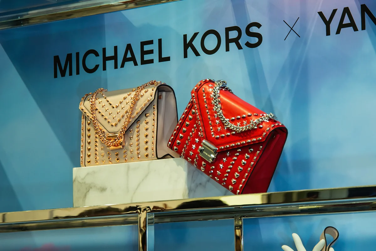 The Michael Kors x Yang Mi collaboration bags on display at the Michael Kors Rockefeller Center store