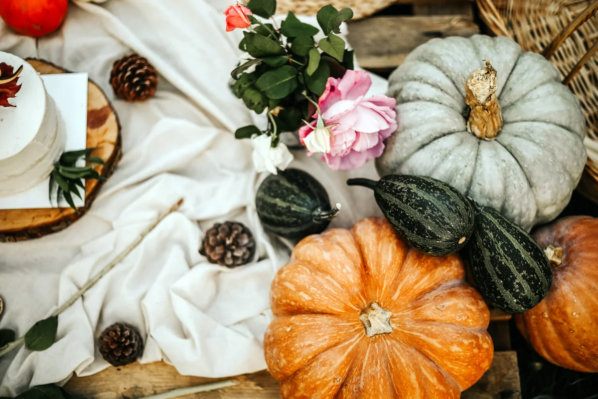 Beautiful table decorated with gourds, pinecones and flowers