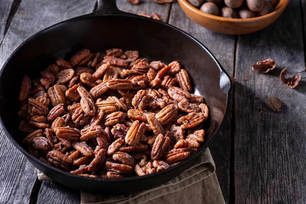 Fresh Glazed Pecans in a Cast Iron Skillet