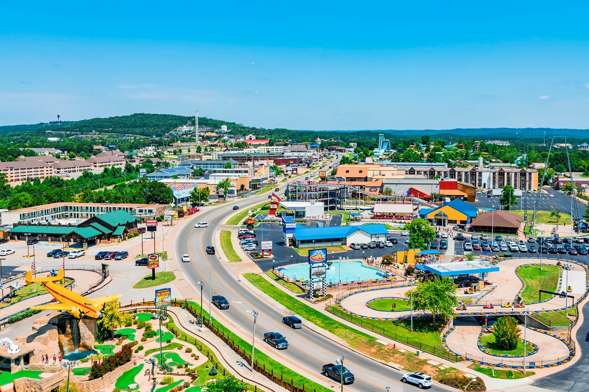Daytime Summer Aerial View of Hwy 76 Strip in Branson, Missouri