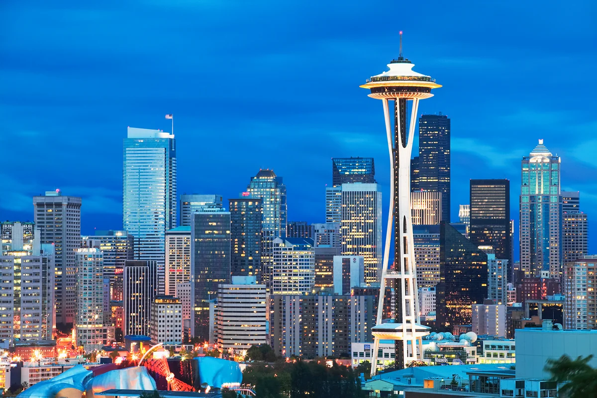 Washington, Seattle, city skyline at dusk