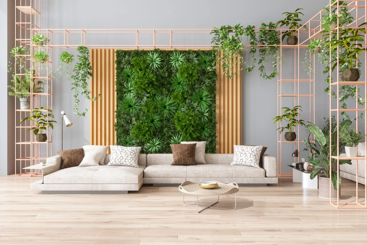 Living room decorated with an assortment of plants